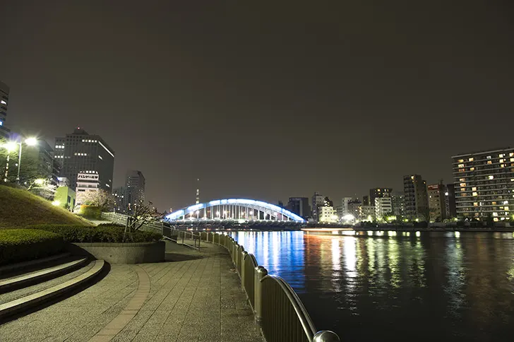 隅田川テラスと永代橋のフリー写真素材