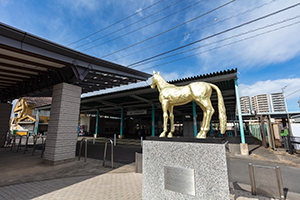 府中競馬正門前駅の黄金の馬像のフリー写真素材